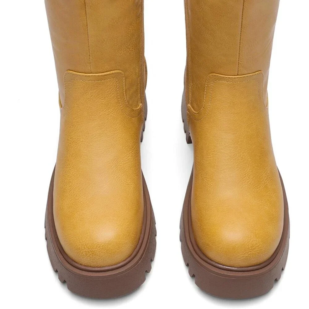 Women's Yellow Knee High Round-Toe Side Zip Stylish Comfortable Chunky Heel Boot